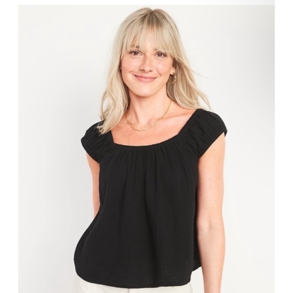 Old Navy Black Square Neck Gauze Tie Back Top Size L NWT Cotton Summer‎ Bow
